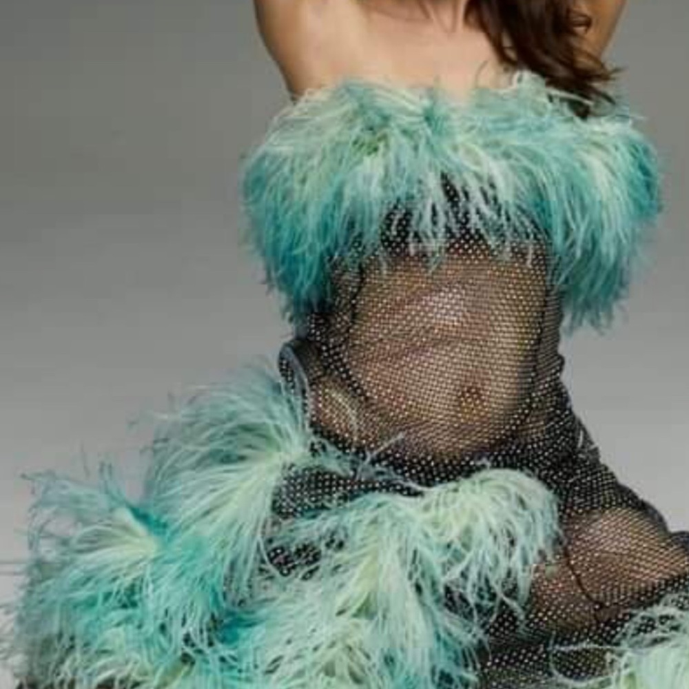 Saint Laurent Black and Turquoise Feather Dress